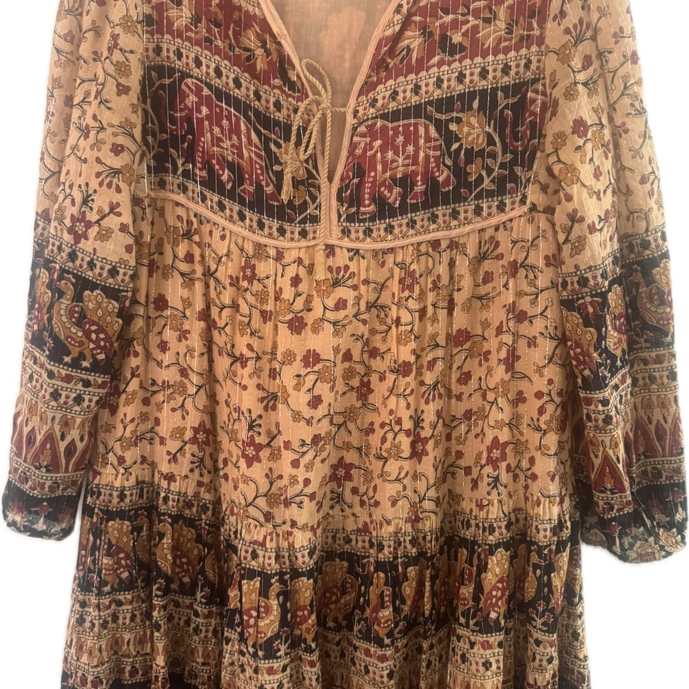 RAGA Maxi Earthy Tone Indian Floral Design Dress w/metallic silver thread